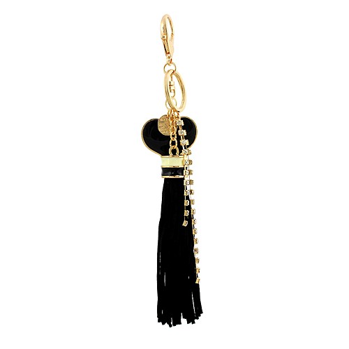 Tassel Key Chain Accent w/ Epoxy Heart Charm & Rhinestone Strings - Black - KC-AM3198BK